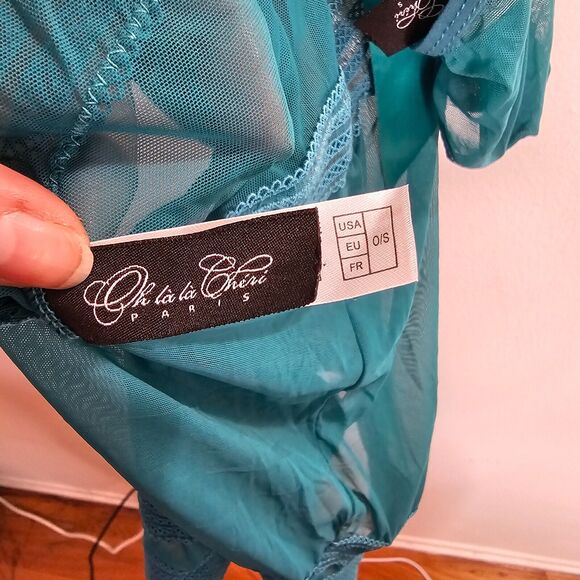 NWT Oh La La Cheri Fanfare Aqua Babydoll Lingerie Nighty Detail & G-String OS - Picture 7 of 10
